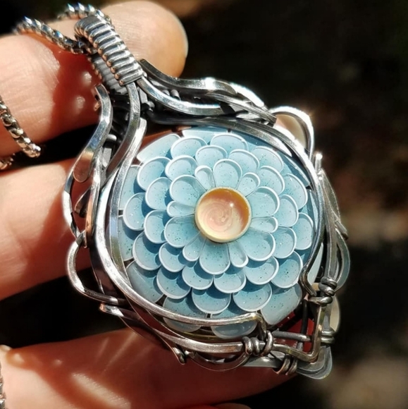 talisman pendant necklace with handmade round polished glass blown flower caboch - Picture 1 of 9